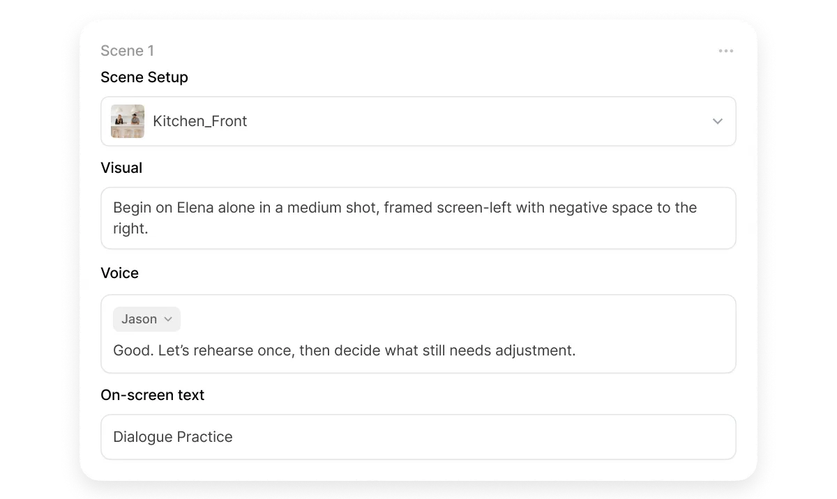 Visla scenario editor showing scene setup, visual direction, voice, and dialogue settings before generating AI video clips